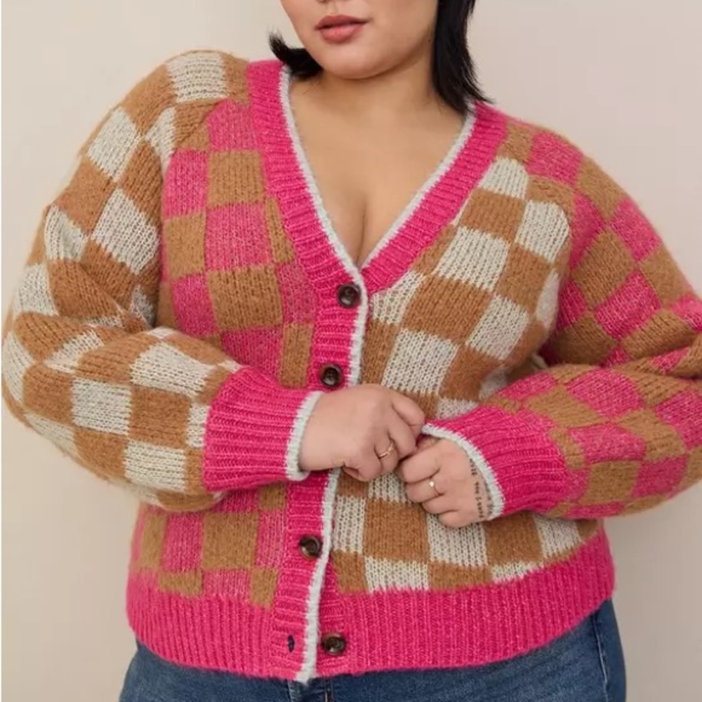 NWT Torrid Chunky Cardigan Pink Tan Checkered V-Neck Button Front Sweater 1X